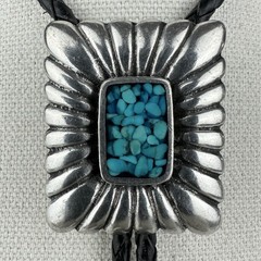 Vintage Silver Pewter Turquoise Chip Inlay Western Bolo Tie Nickel Silver Tips