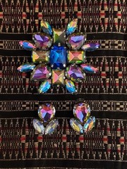Vintage Watermelon Rhinestone Brooch & Clip on Earrings Prong Set Foil Back