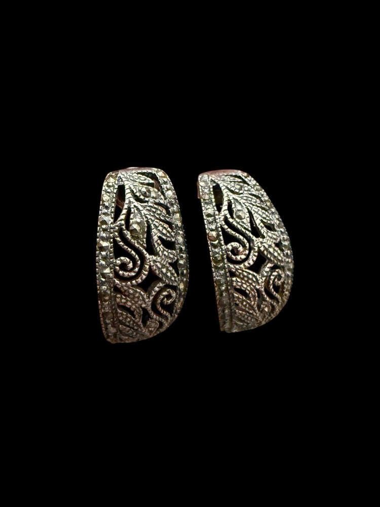 925 Silver Marcasite Floral Scrollwork Stud Earrings Vintage