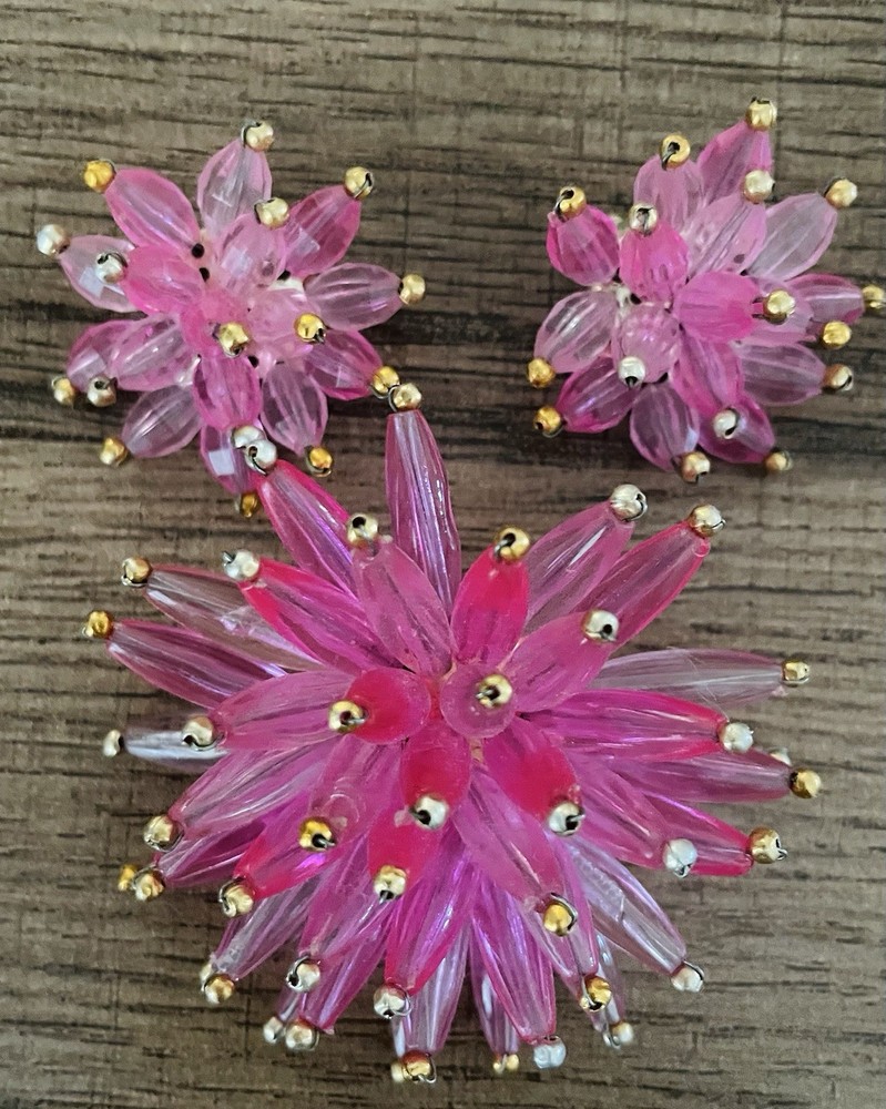 Vintage Pink Star Urchin Anemone Brooch Pin And Clip Earrings Set