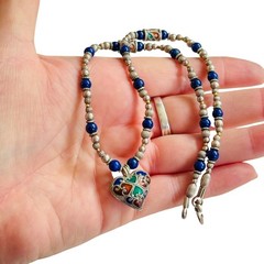 VTG Chinese Heart Cloisonné Blue necklace Silver Lapis Lazuli Beaded China 16″L