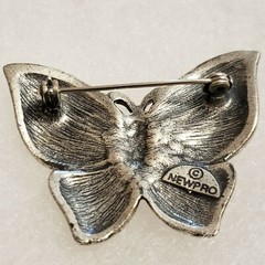 Vintage Newpro Silvertone Butterfly Brooch with Etched Design/Beads Secure Clasp