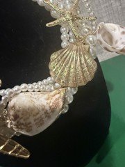 Gold Tone Metal Faux Pearl Real Sea Shells Gold Tone Starfish Bib Necklace