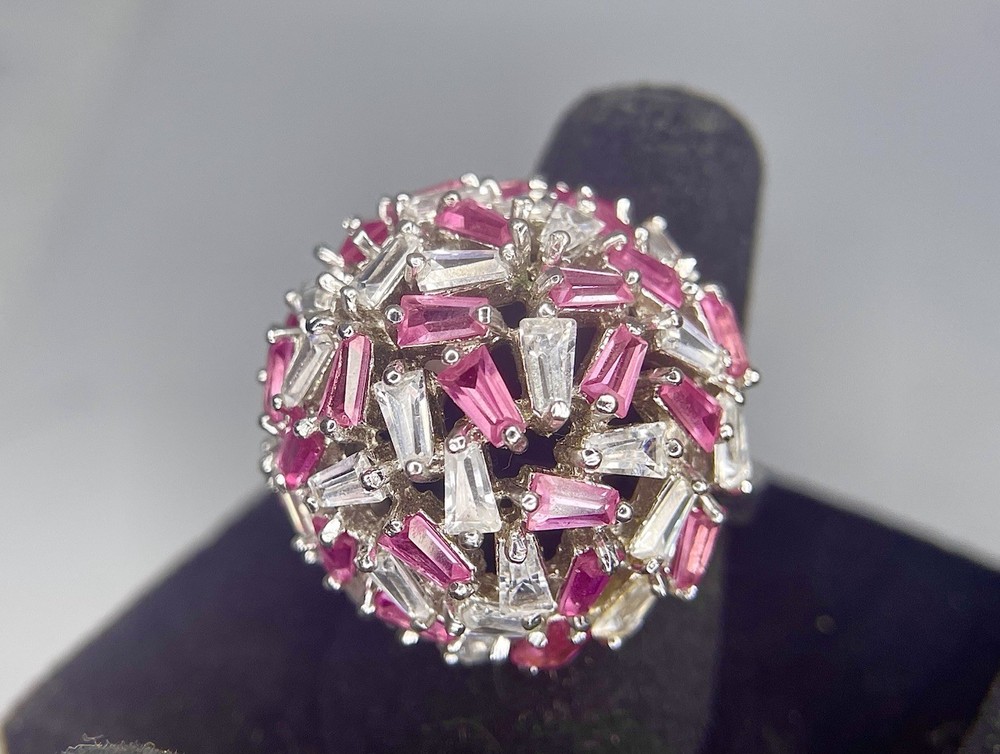 925 Sterling Silver Pink Tapered Baguette CZ Dome Cocktail Ring Size 6 13g