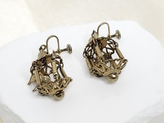 Pair Vintage Gold Tone Dangle Screw-Back Bird Cage Earrings