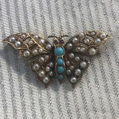 C1910 1920s Antique 15k / 15ct Gold Seed Pearl & Turquoise Butterfly Brooch Pin