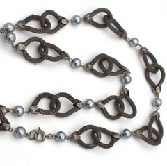 Gun Metal Link Woven Chain Link Gray Faux Pearl Fringe Long Pendant Necklace
