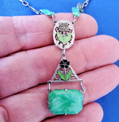 ORIGINAL Art DECO 1920 CZECH GREEN PEKING GLASS ENAMEL FILIGREE Rhodium NECKLACE