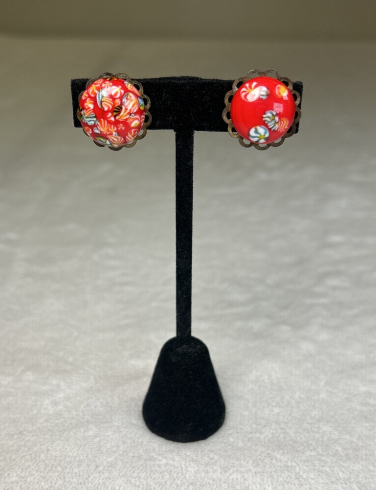 Vintage Murano Style Glass Millefiori Domed Round Button Clip Earrings Chrty