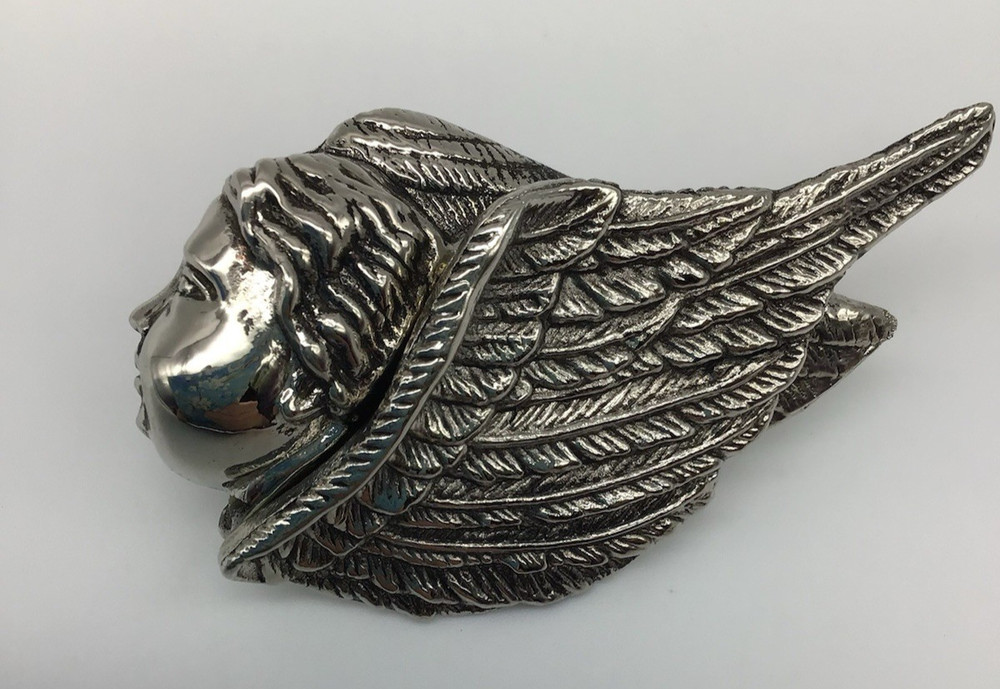 Rebecca Collins Signed Cherub/ Angel Face And Wing Scarf Ring 2.5 Inches
