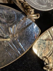 Vintage 3 inch long Tabre © onyx coral copper brass dangle shield earrings!