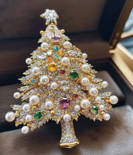 BROOCH-Exquisite Christmas Tree, Multicolor Rhinestones and Faux Pearls, Brooch,