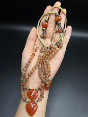 Vintage Carnelian Multi Strand Necklace, Triple Heart Pendant, Faceted Orange