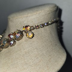 Vintage Aurora Borealis Rhinestone Choker Necklace Silver Tone J-Hook 15.5 Inch