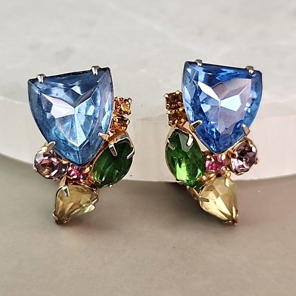 Vintage Rhinestone Clip On Earrings Blue Shield Multicolor Climber Gold Tone