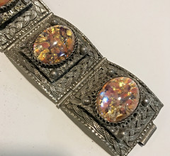 Vintage Large Art Glass Cabochon Braided Sterling Silver Bracelet Faux Fire Opal