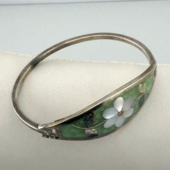 Vintage Silver Abalone Mother of Pearl Flower Inlay Bangle Bracelet Oval Green