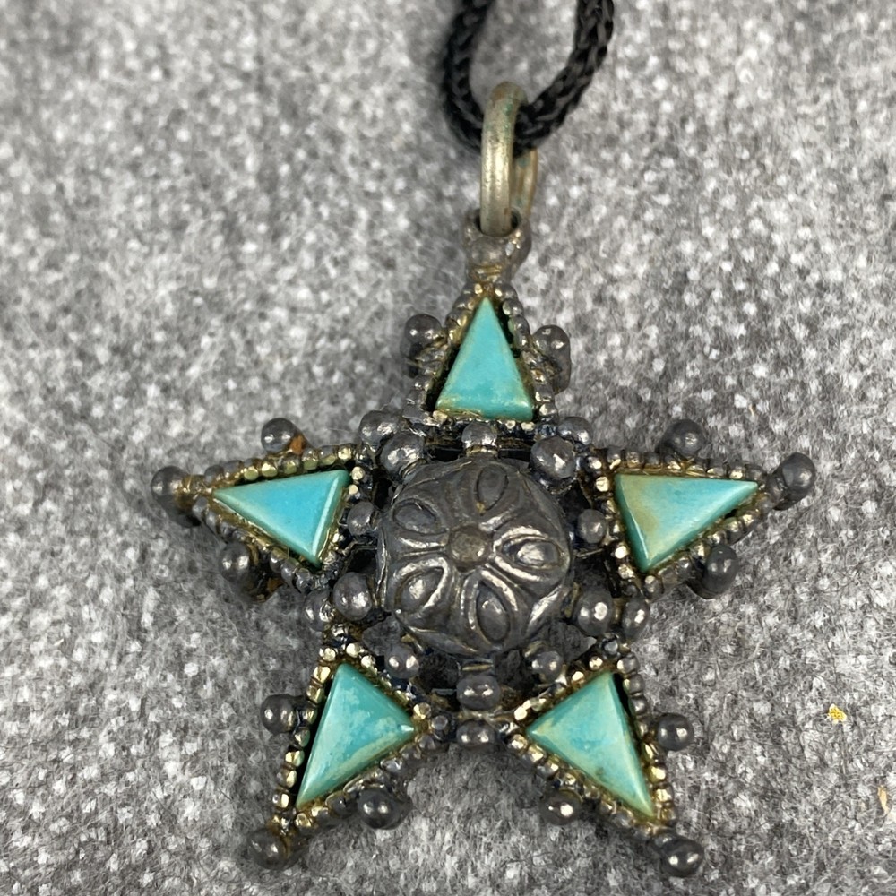 Vintage Imitation Jade Accented Star Shaped Pendant On Black Knotted Cord