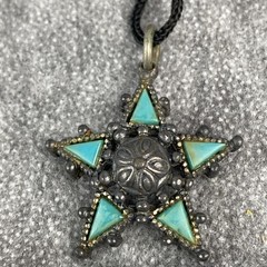 Vintage Imitation Jade Accented Star Shaped Pendant On Black Knotted Cord
