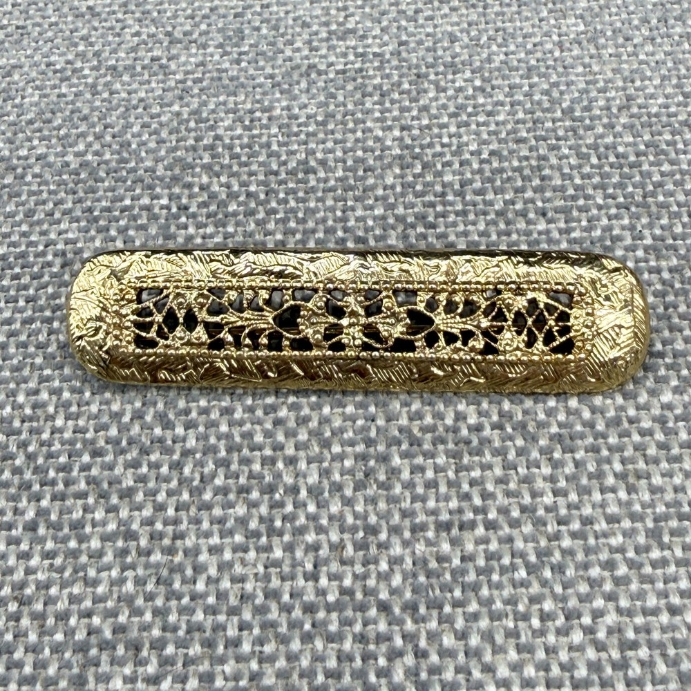Vintage Brooch Gold Tone Filigree Bar Hearts 2.5 Inches