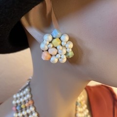 Hong Kong 5 Strand Necklace & Earrings Pastel Yellow Green Peach Blue Pink White