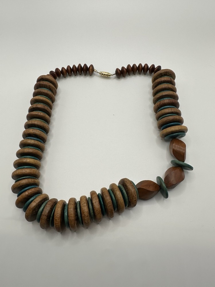 Bohemian Retro Brown And Teal Wood Disc Necklace 18”
