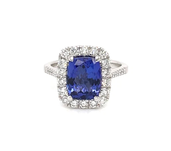 925 Silver Cushion Cut Blue 3.19CT Tanzanite & Lab-Created 0.80CT Diamonds Ring