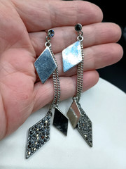Vintage KC Dangle Stud Earrings Marcasite Kite Chain Chandelier Signed 3.5″