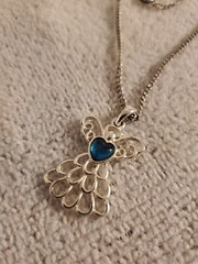 Vintage Costume Necklace w/ Angel Pendant, Teal Heart (12.5 in. Chain)