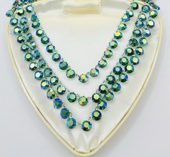 Vintage 3 Strand Peacock Green/Blue Aurora Borealis Crystal Necklace Not Signed