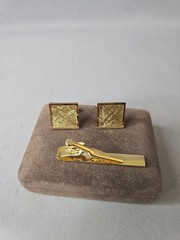 Vintage Mid-Century Modern Dante MCM Gold Tone Cufflinks & Tie Bar Clip