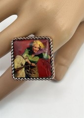 Western Cowgirl Art Ring Silver Tone Square Stretch Vintage Retro Photo Design