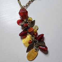 Vintage Coldwater Creek Red Yellow Glass Beaded Necklace Signed Nature Leaf Adj.