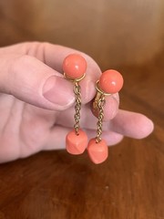 Vintage Crown Trifari Coral Tone Beaded Dangle/Drop Earrings Gold Tone Signed!