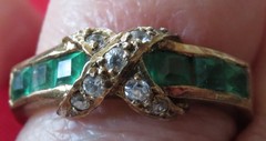 Vintage Thailand Costume Jewelry AFJ Faux Emerald & Diamond Ring Size 7.25