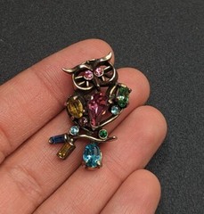 Vintage Multicolor Pastel Rhinestone Adorable Owl Bird Animal Figural Brooch Pin