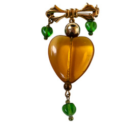 Vintage Amber Heart Brooch Pendant Goldtone Bow Dangling