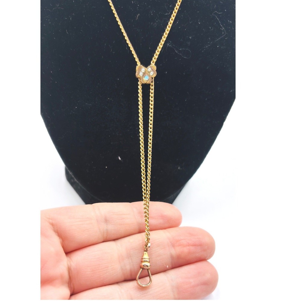 Antique Victorian HDM Co Gold Filled Opal Slide Lariat Ladies Pocket Watch Chain