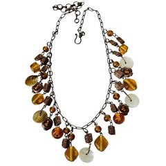 Earthy Collar necklace VTG Art Glass Beaded Mother Of Pearl Copper Mod Statement