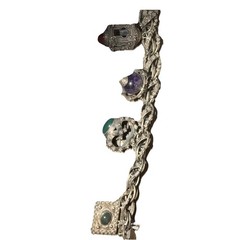 Vintage Etruscan Revival 800 Silver Fob Charm Bracelet Art Glass Stones 8″ Long