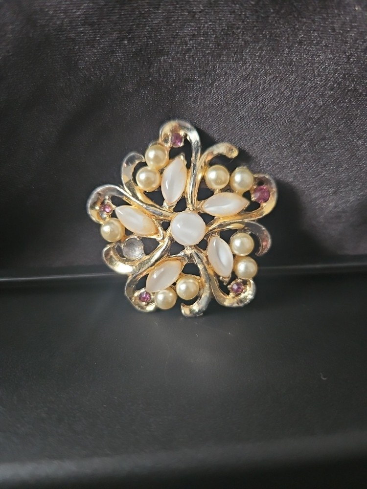 Vintage Brooch Pin Faux Pearl Opal And Purple Rhinestone Costume Jewelry 2 Inch