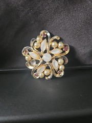 Vintage Brooch Pin Faux Pearl Opal And Purple Rhinestone Costume Jewelry 2 Inch