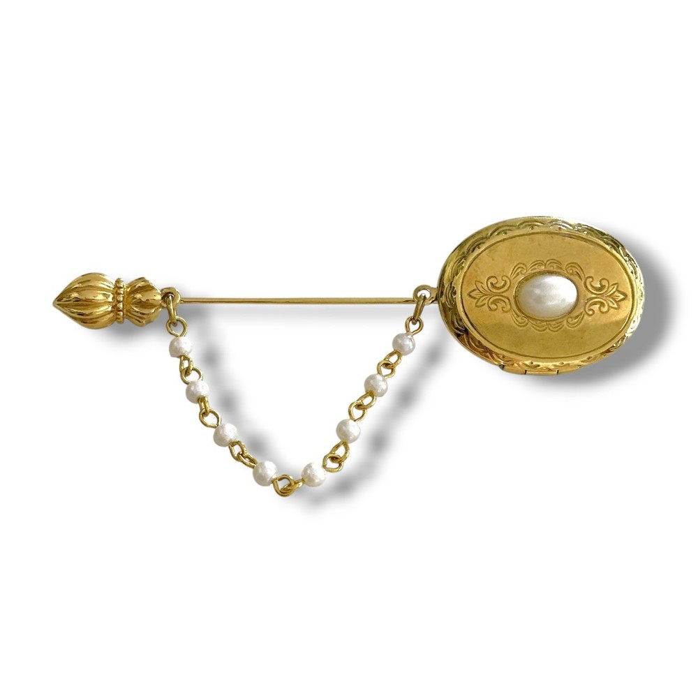 STUNNING VINTAGE ESTATE PEARL GOLD TONE LOCKET 3 1/8″ STICK PIN