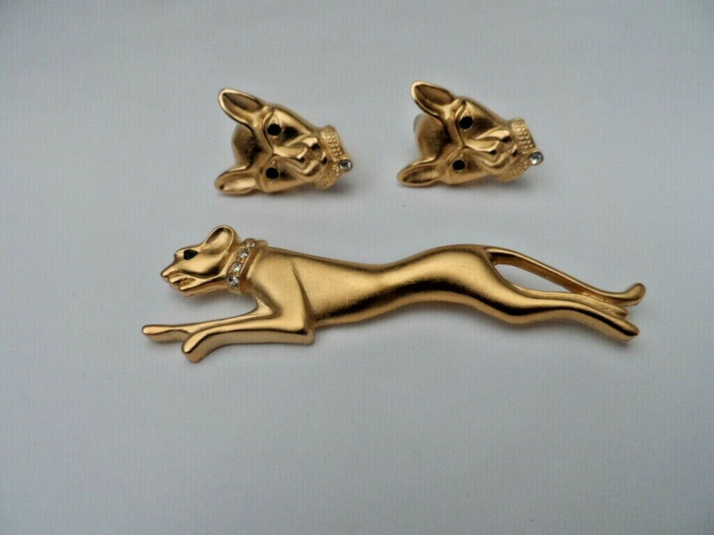 Vintage Jackie Collins PANTHER Big CAT set Brooch Clip on Earrings