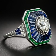 Art-Deco Style Lab-Grown Diamond, Sapphire & Emerald Ring In 14K White Gold FN