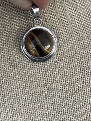 Vintage Tigers Eye Amulet Silver Pendant Round