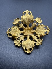 Gold Tone Floral Brooch Earrings Set Statement Purple Blue Green Dangle Drop