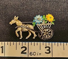 Vintage 1950s Marcasite and Enamel Rhodium Plated Donkey & Flower Cart Brooch