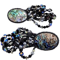 Vintage Peacock Abalone Shell Aurora Borealis Crystal French Jet Bead Earrings