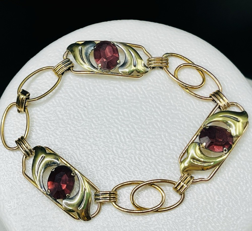 VTG. 1940-50s Sterling Silver 12K Gold Filled Purple Glass Flower Bracelet 6 3/4